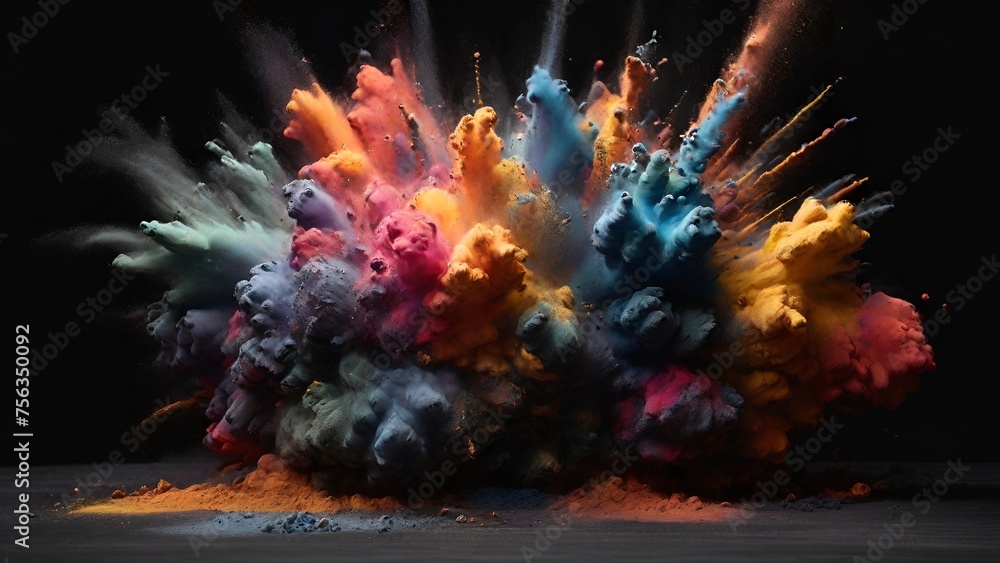 Fototapeta premium Colorful powder splash on a black background, AI-generated