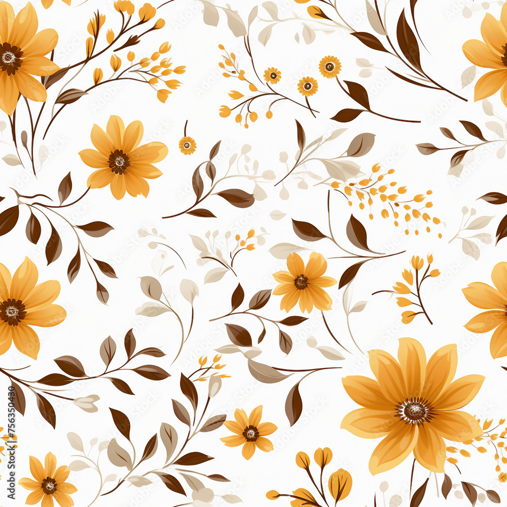 A floral pattern with yellow flowers and brown leaves