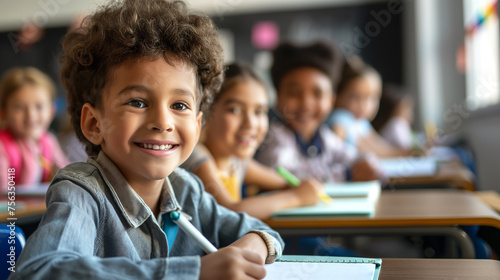 Black cute little boy in a lesson at school against a blurred background of his classmates. International education for children