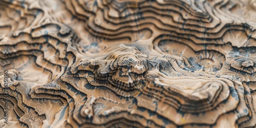 Close-up view of sand dunes with abstract topographical pattern textures in natural earth tones.