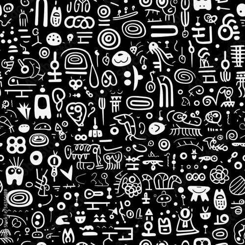 A black and white image with many different shapes and symbols