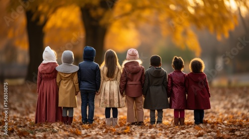 Diverse group of children embracing in park, blurred background with copy space for text