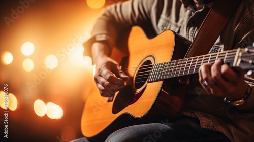 Close-up shot of musicians hands skillfully playing guitar with blurred background