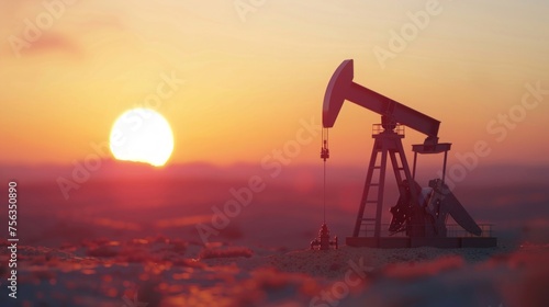A solitary oil pump jack operates in a snowy field with a radiant sunset in the backdrop, symbolizing energy extraction.