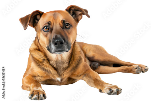 Dog lying down eating food