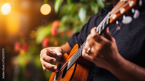 Close-up of guitarists skillful hands playing with blurred background, capturing dedication