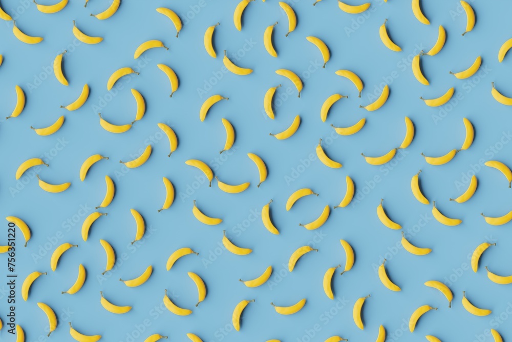 Many bananas on steel blue background. Top flat view, symmetrical grid. 3d render, illustration Many bananas on steel blue background. Top flat view, symmetrical grid. 3d render, illustration
