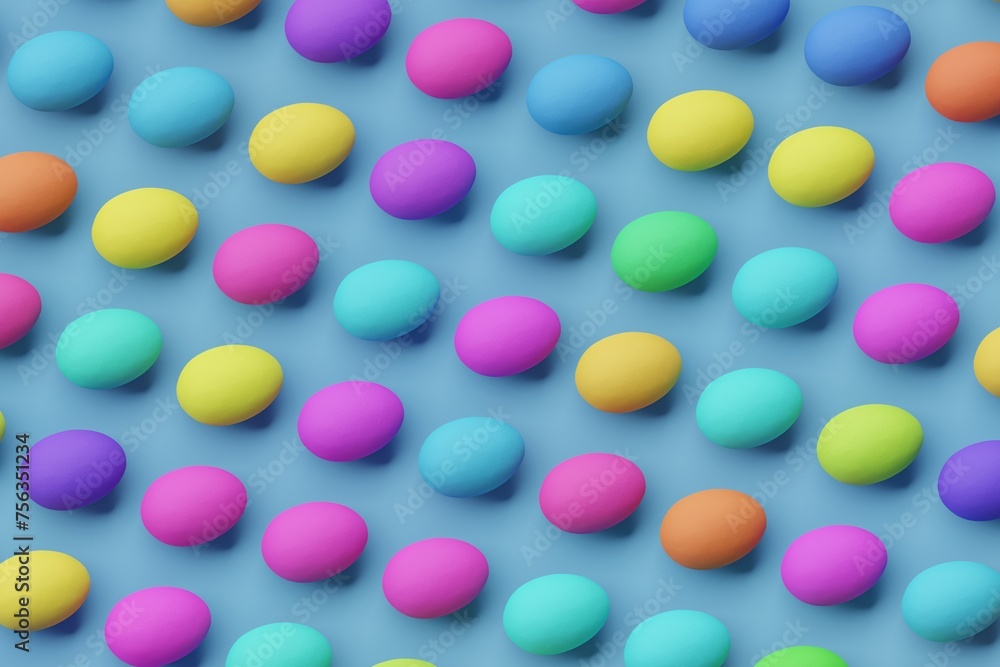 Many colorful eggs on steel blue background. Top flat view, order. 3d render, illustration Many colorful eggs on steel blue background. Top flat view, order. 3d render, illustration