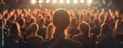 Choir dressed in formal attire looks out at audience from stage. Concept Choir Performance, Formal Attire, Stage Presence, Audience Interaction, Musical Ensemble