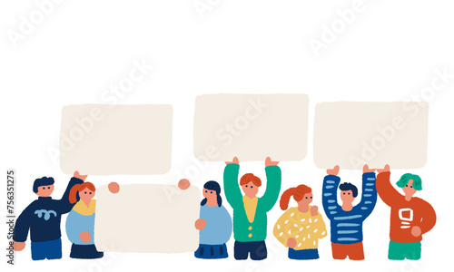 ボードを持つ人々のフラットでシンプルなイラスト
