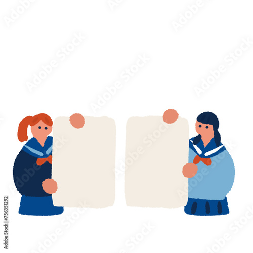 ボードを持つ女子学生のフラットでシンプルなイラスト
