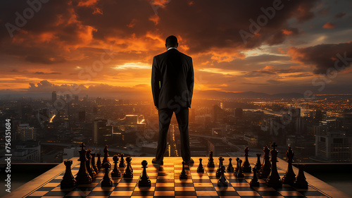 businessman view from the back, chess-like figures, chessboard , city panorama view from above