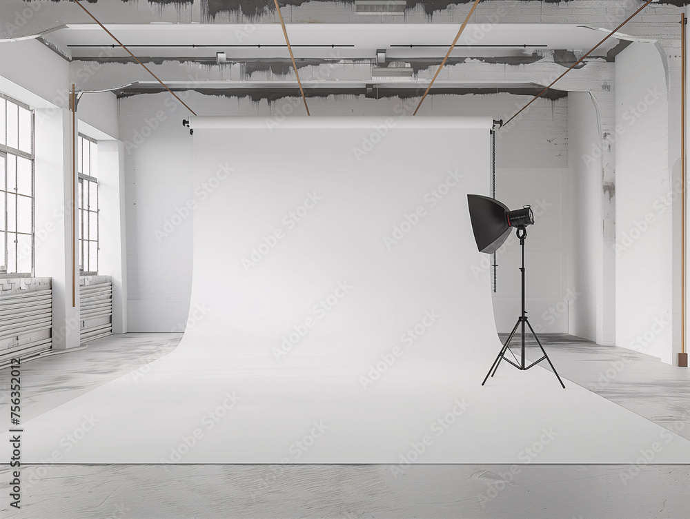 Spacious Photography Studio with Large White Backdrop Spacious Photography Studio with Large White Backdrop