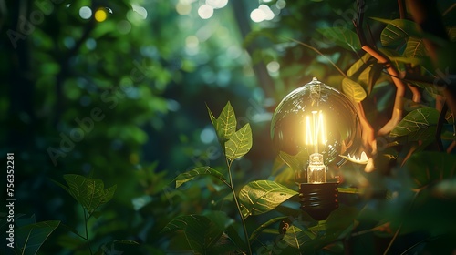 The light bulb in the forest with bokeh background, idea concept