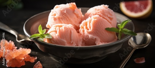 A refreshing dessert made of grapefruit ice cream garnished with mint leaves, served in a bowl with a spoon on the side