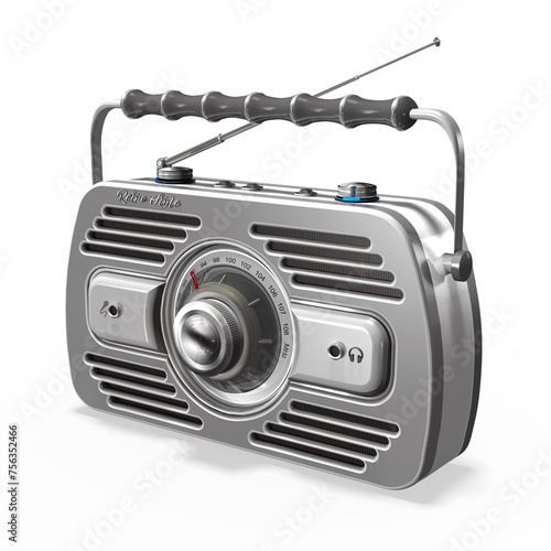 3d Illustration, graues Radio, Kofferradio im Retro Style mit Henkel und Senderwahl mit weißen Hintergrund, freigestellt
