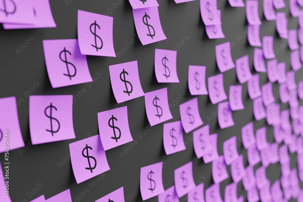 Many violet stickers on black board background with symbol of Namibia dollar drawn on them. Closeup view with narrow depth of field and selective focus. 3d render, illustration Many violet stickers on black board background with symbol of Namibia dollar drawn on them. Closeup view with narrow depth of field and selective focus. 3d render, illustration