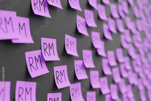 Many violet stickers on black board background with symbol of Malaysia ringgit drawn on them. Closeup view with narrow depth of field and selective focus. 3d render  illustration