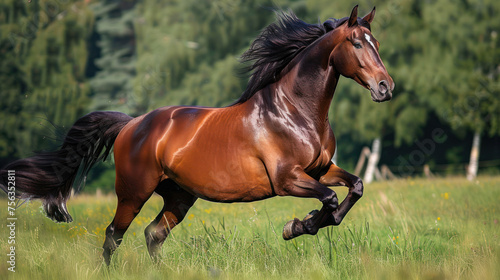 Bay Horse in Full Gallop Across the Lush Grass