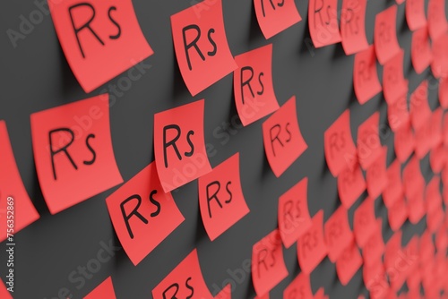 Many red stickers on black board background with symbol of Sri Lanka rupee drawn on them. Closeup view with narrow depth of field and selective focus. 3d render, illustration photo