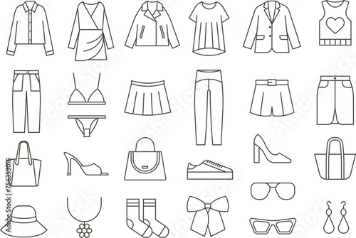 Set of clothes icons, thin line style vector illustration