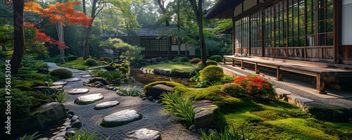 A Japanese garden with a house in the background