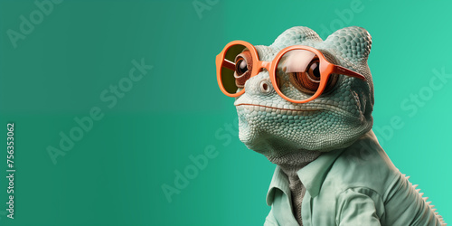 Chameleon wearing sunglasses on a green background. Beautiful Background, Generative AI.
