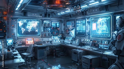 Fototapeta Naklejka Na Ścianę i Meble -  A futuristic room with a robot standing in front of a computer monitor