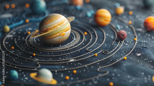 A colorful, stylized representation of the solar system with a large yellow