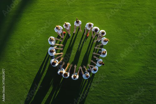 School Boys and Girls in Sports Team Standing in a Circle Together on Grass Pitch © matimix
