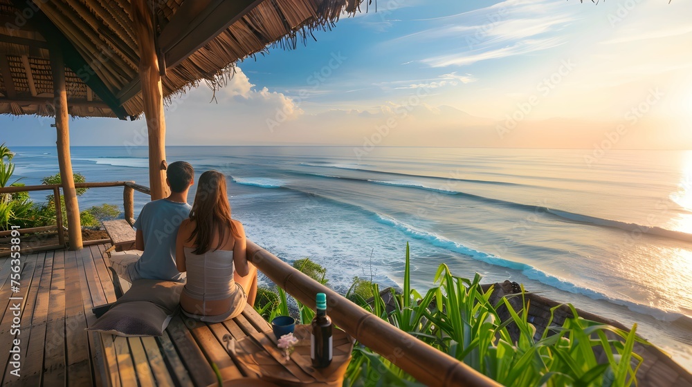 Couple enjoying morning vacations on tropical beach bungalow looking ocean view Relaxing holiday