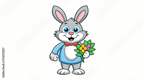 Easter Bunny Delight Charming Rabbit Holding a Blossoming Flower - Vector Illustration
