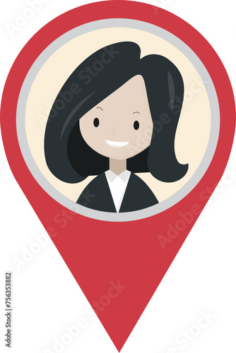 Cute businesswoman cartoon character in map pointer marker pin, graphic design no background 