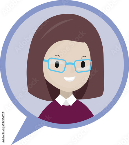 Speech bubble chat sign with woman cartoon character, transparent background
