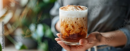 Embracing a chilled delight: Cold brew coffee with frothy foam. Concept Cold Brew Coffee, Frothy Foam, Chilled Delight, Coffee Lovers, Refreshing Beverage photo