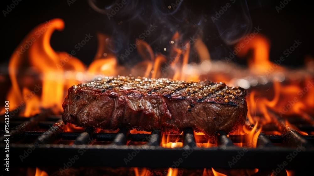 Sizzling meat on grill with flames, evoking smell and warmth, blurred background Sizzling meat on grill with flames, evoking smell and warmth, blurred background