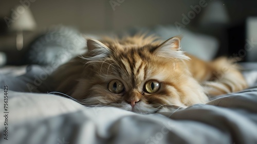 Cute persian cat laying on bed looking into camera 