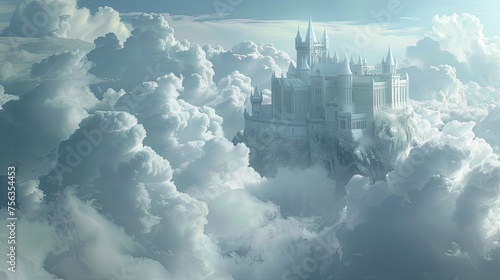 a majestic castle nestled amidst billowing clouds, all bathed in a serene white hue.