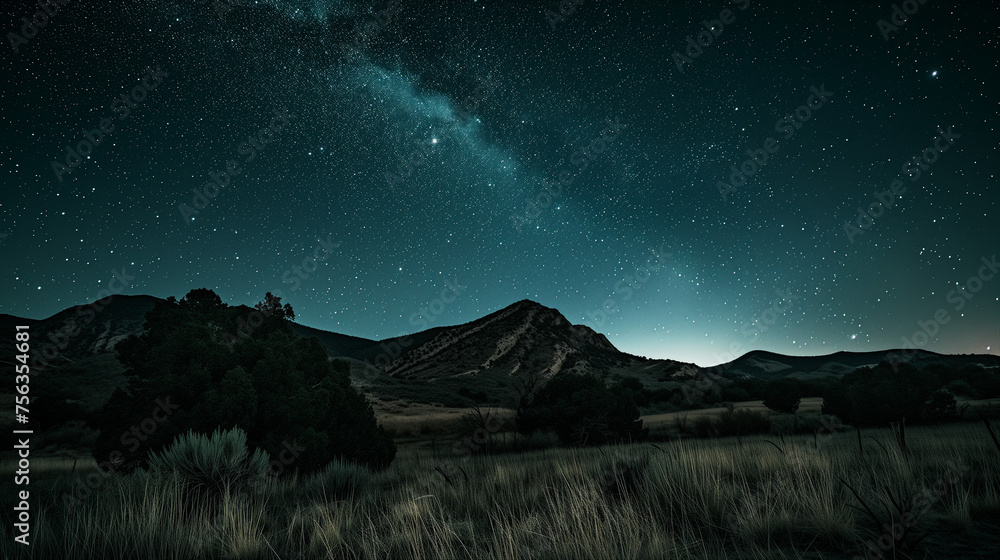 Beautiful Mountain Landscape with Stars and Milky Way at Night