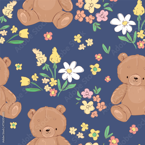Hand drawn cute teddy bear and flowers blue background seamless pattern vector, design kids Digital print, toy bears illustration © Alsu Art