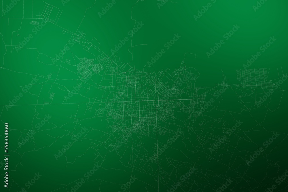 Map of the streets of Herat (Afghanistan) made with white lines on abstract green background lit by two lights. Top view. 3d render, illustration