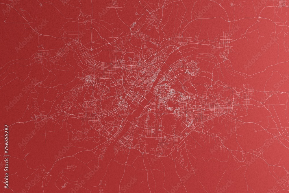 Map of the streets of Wuhan (China) made with white lines on red paper. Top view, rough background. 3d render, illustration