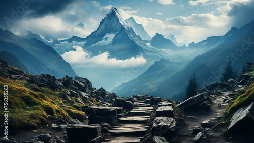 landscape in the mountains, old staircase way to the top of the mountain photo