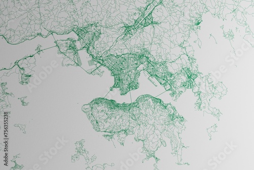 Map of the streets of Hong Kong made with green lines on white paper. 3d render  illustration