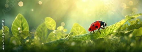 Ladybug on a green leaf in a spring meadow  selective focus close-up. banner with copy space for text