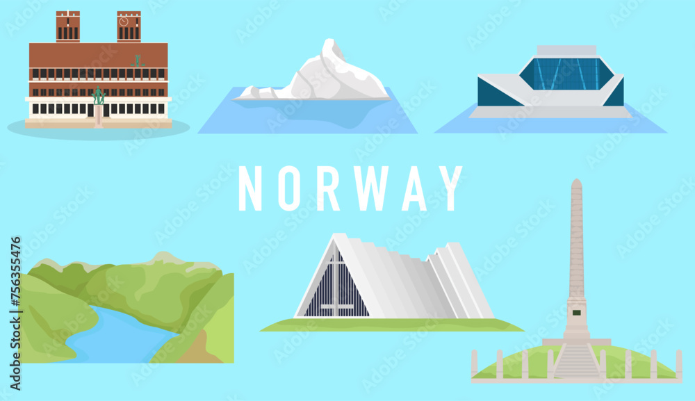 Set of flat vector illustrations of Norway's landmarks. Cute cartoon style, bright colors