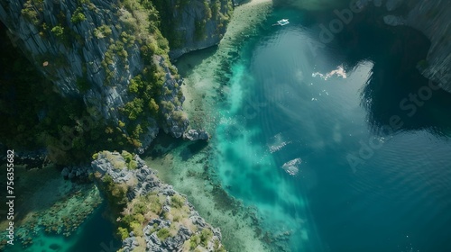 El Nido, Palawan, The Philippines. Aerial view of Big Lagoon, Small Lagoon and limestone cliffs