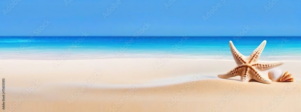 Beach summer panoramic background with seashells and starfish.