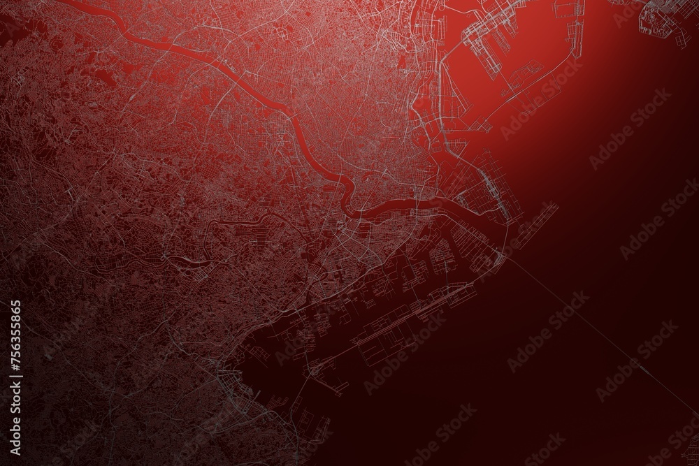 Street map of Kawasaki (Japan) engraved on red metal background. Light is coming from top. 3d render, illustration Street map of Kawasaki (Japan) engraved on red metal background. Light is coming from top. 3d render, illustration