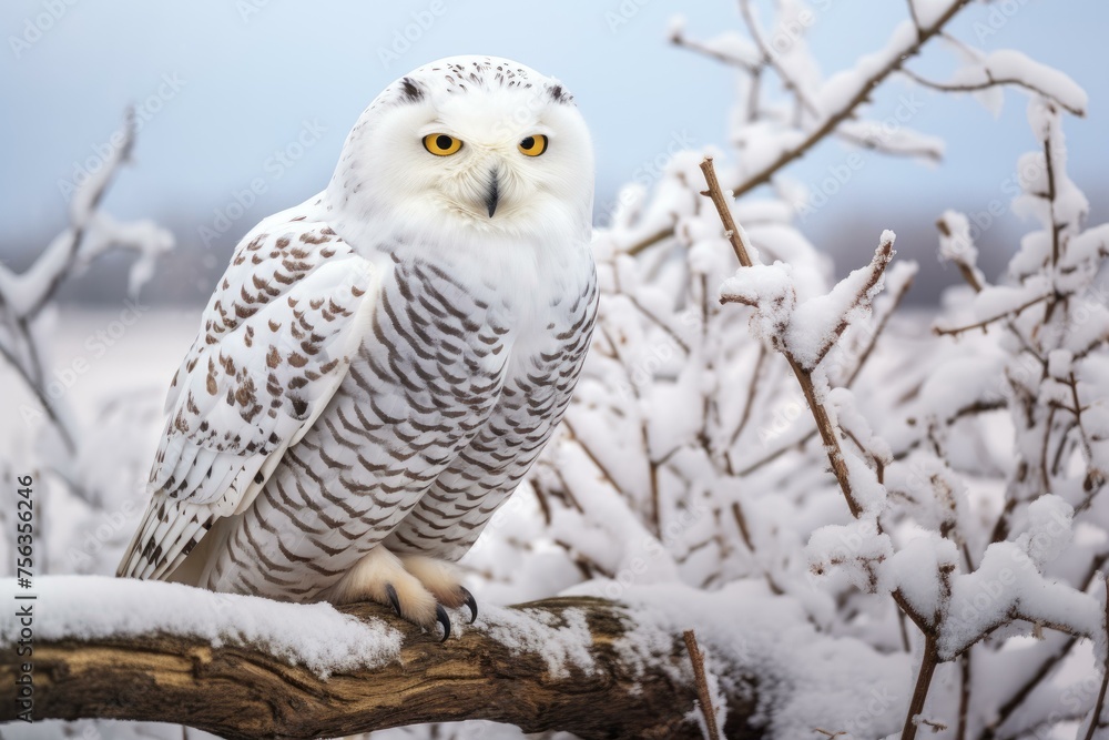 Fototapeta premium Wintry Snowy owl tree branch. Winter raptor. Generate Ai